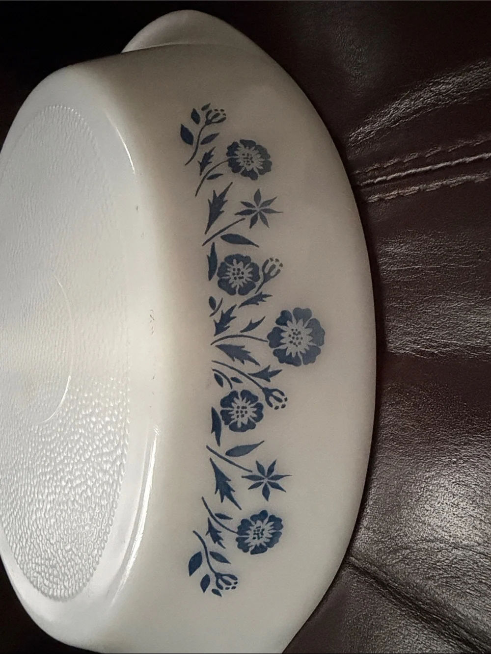 Vintage Glassbake Divided Serving Bowl with Blue Floral Border